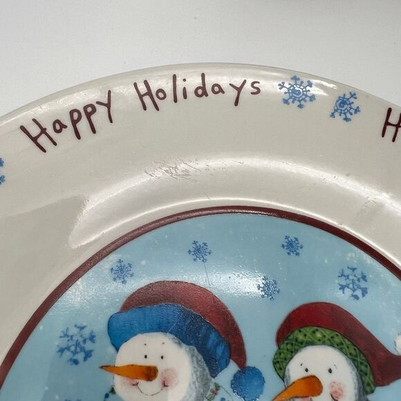 Winter Dinner Plate White Round Happy Holidays Snowflakes Snowman Couple Dish - Picture 7 of 12